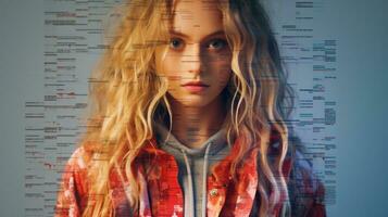 a woman with long blonde hair is shown in front of a computer screen generative ai photo