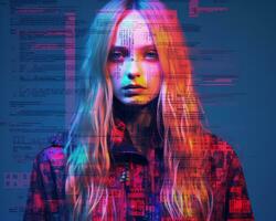 a woman with long blonde hair is standing in front of a computer screen generative ai photo