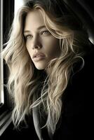 a woman with long blonde hair looking out the window generative ai photo