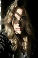 a woman with long blonde hair looking out the window generative ai photo