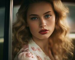 a woman with long blonde hair sitting in the back seat of a car generative ai photo