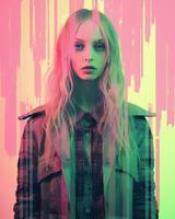 a woman with long blonde hair standing in front of a colorful background generative ai photo