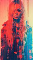 a woman with long blonde hair standing in front of a colorful background generative ai photo
