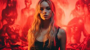 a woman with long blonde hair standing in front of a group of zombies generative ai photo