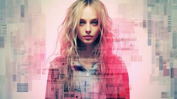 a woman with long blonde hair standing in front of a pink background generative ai photo