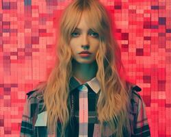 a woman with long blonde hair standing in front of a red background generative ai photo