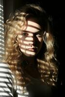 a woman with long blonde hair standing in front of a window generative ai photo