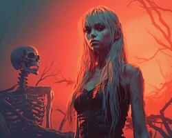 a woman with long blonde hair standing next to a skeleton generative ai photo