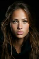 a woman with long brown hair and green eyes generative ai photo