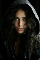 a woman with long curly hair in a black leather jacket generative ai photo