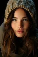 a woman with long brown hair wearing a knitted hat generative ai photo