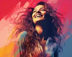 a woman with long curly hair is smiling in front of a colorful background generative ai photo