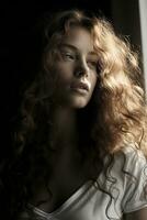 a woman with long curly hair standing in front of a window generative ai photo