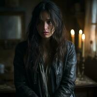 a woman with long dark hair sitting in front of a table with candles generative ai photo