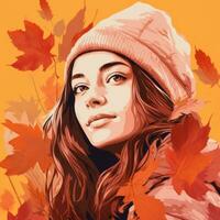 a woman with long hair and a beanie is surrounded by autumn leaves generative ai photo