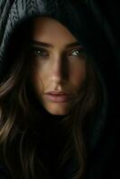 a woman with long hair and a black hood generative ai photo
