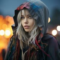 a woman with long hair and a hoodie generative ai photo