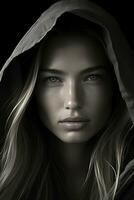a woman with long hair and a hood on her head generative ai photo