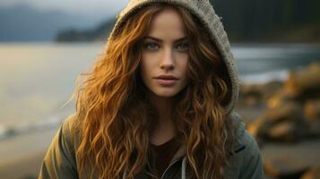 a woman with long hair and a hoodie on by the water generative ai photo