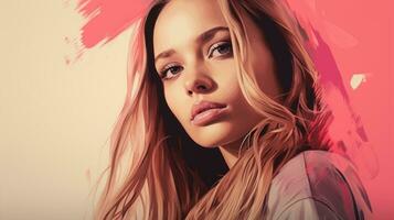 a woman with long hair and a pink background generative ai photo