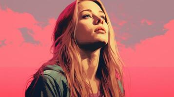 a woman with long hair and a pink background generative ai photo