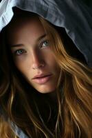 a woman with long hair and a hoodie generative ai photo
