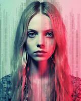 a woman with long hair and a red and blue background generative ai photo