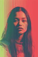 a woman with long hair and a red and pink background generative ai photo
