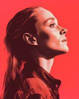a woman with long hair and a red background generative ai photo