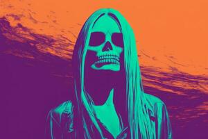 a woman with long hair and a skull on her face generative ai photo