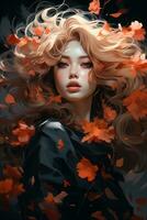 a woman with long hair and autumn leaves in her hair generative ai photo