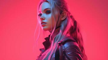 a woman with long hair and leather jacket standing in front of a red light generative ai photo