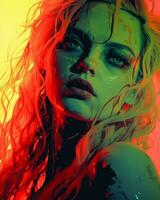 a woman with long hair and neon lights on her face generative ai photo