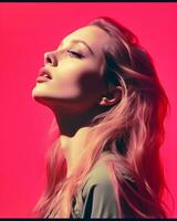 a woman with long hair and pink background generative ai photo