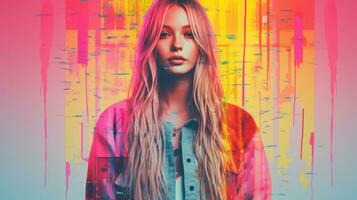 a woman with long hair and long hair is standing in front of a colorful background generative ai photo