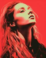 a woman with long hair and red background generative ai photo