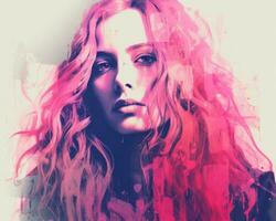 a woman with long hair and pink paint splatters on her face generative ai photo