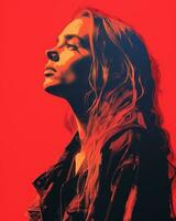 a woman with long hair in a black jacket on a red background generative ai photo