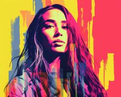 a woman with long hair in front of a colorful background generative ai photo