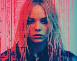 a woman with long hair in front of a red and blue background generative ai photo