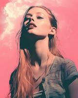 a woman with long hair is looking up in the air generative ai photo