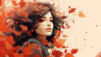 a woman with long hair is surrounded by autumn leaves generative ai photo
