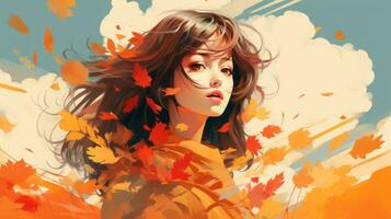 a woman with long hair is surrounded by autumn leaves generative ai photo