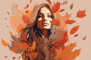 a woman with long hair is surrounded by autumn leaves generative ai photo