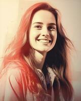 un mujer con largo pelo es sonriente en frente de un rojo ligero generativo ai foto