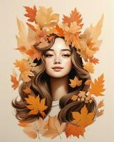 a woman with long hair is surrounded by autumn leaves generative ai photo