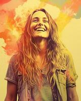 a woman with long hair is smiling in front of a colorful background generative ai photo