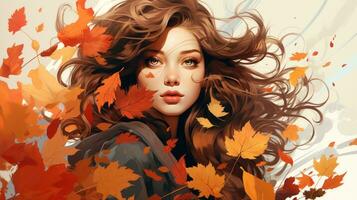 a woman with long hair is surrounded by autumn leaves generative ai photo