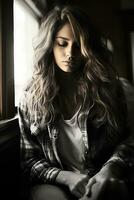 a woman with long hair sitting on a window sill generative ai photo