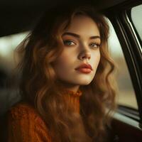 a woman with long hair sitting in a car generative ai photo